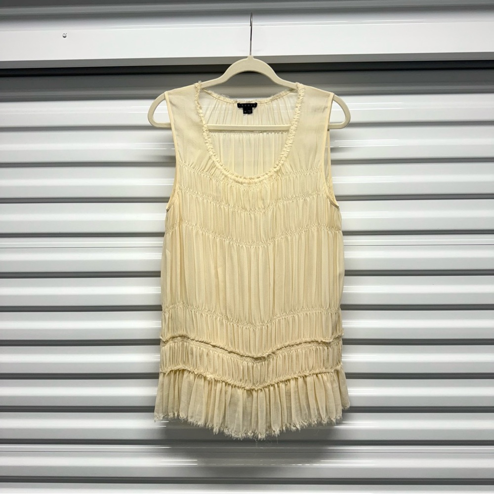 Theory Cream 100% Silk Tiered Ruffle Sleeveless Blouse